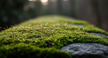 A serene close-up of a moss-covered stone surface glistening with morning dew, captured in soft natural light. The focus is on the fine texture of the moss, the tiny sparkling water droplets, and the 