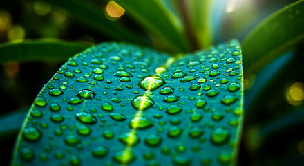 A close-up of a vibrant green leaf with water droplets after rain. Sharp detail on the droplet reflections and surface texture. Background softly blurred.