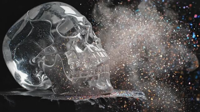 A transparent skull with glittering dust exploding around it, creating a dramatic and ethereal effect against a dark background.