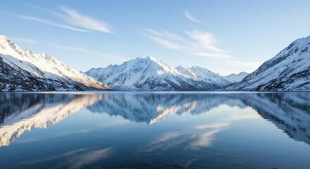 A still alpine lake reflecting surrounding peaks and sky, forming a perfect mirror image. Cool tones of blue and white dominate. Composition symmetrical.