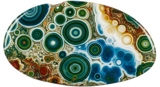 Mesmerizing orbicular jasper with vibrant concentric circles and fluid blue agate patterns, a stunning natural abstract art piece.