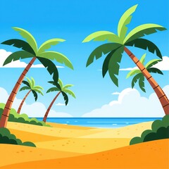 Obraz premium Tropical Beach with Palm Trees. Flat Vector Summer Vacation Background.