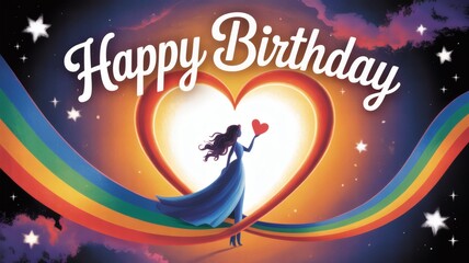 Whimsical birthday greeting with a silhouette figure standing on a rainbow, holding a heart under a starry sky and glowing heart