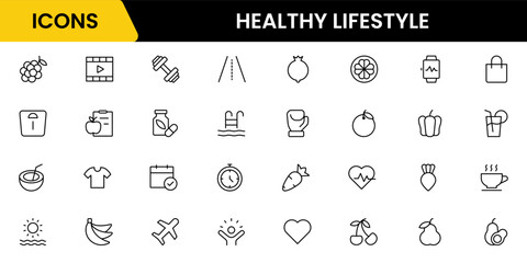 Healthy lifestyle icon set. Contains Icons for diet, exercise, sleep, running, routine, gym, nutrition, cardio exercises, sports supplements, yoga, self-care, culture, and hobbies.