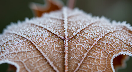 Macro shot of a brown leaf covered in delicate frost crystals. Captured in soft winter light, showing intricate details of the veins and frozen texture.