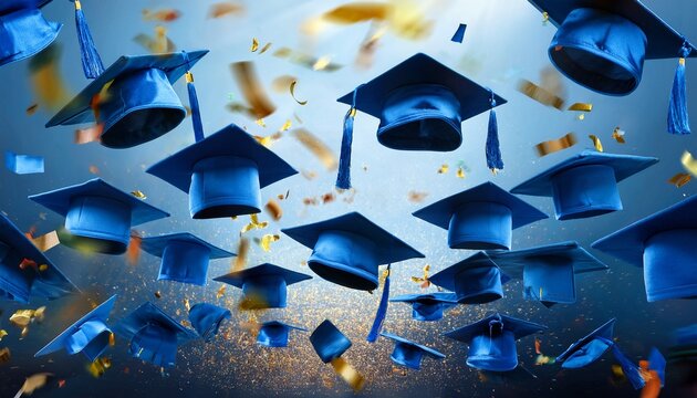 blue graduation caps tossed in the air with confetti
