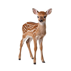 Fototapeta premium Adorable fawn standing alert showcasing its delicate features and spotted coat in a wildlife portrait on white background