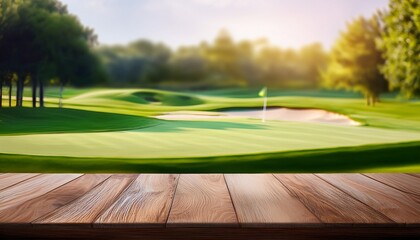 wooden table with space for text in front of a blurred green golf course background ideal for product advertising or promotional displays