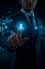 Businessman touching a futuristic interface with glowing icons representing people and data connections