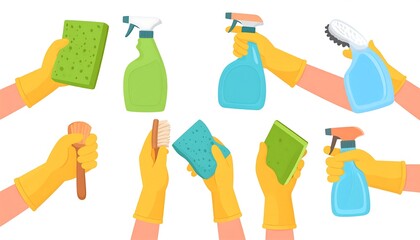 Collection of illustrations depicting various cleaning supplies held by gloved hands