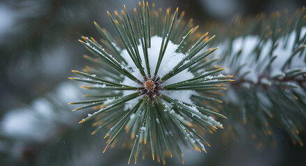 Macro shot of pine needles covered with fresh snow. Soft winter light creates a cold yet peaceful atmosphere, emphasizing texture and purity.