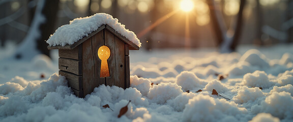 Wooden house with a glowing keyhole in snowy landscape at sunrise  