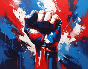 Graphic artwork shows a clenched fist with patriotic colors and star details