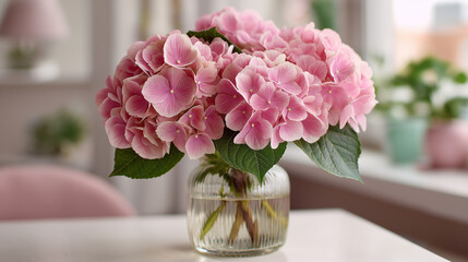 Set of hydrangea flowers on the table in exclusife kitchen