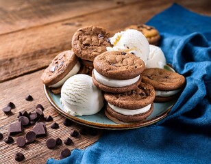 ice cream sandwich cookies with chocolate chip cookies and various ice cream flavors on rustic wooden background with blue cloth and chocolate chips copy space