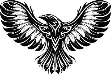 Majestic black bird soars with elaborately detailed open wings in monochrome silhouette