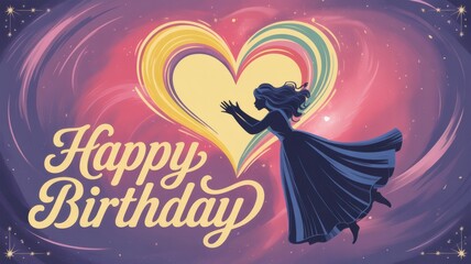 Happy Birthday Wish Silhouette Reaches for a Colorful Heart in a Celestial Scene