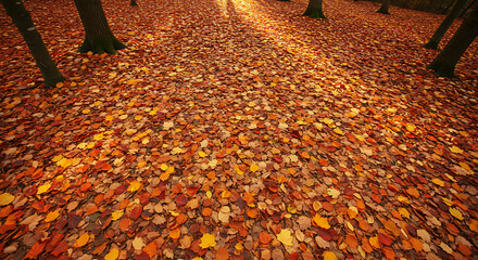 Top view of scattered colorful autumn leaves forming a natural mosaic on the ground. Shades of orange, yellow, red, and brown create a textured seasonal pattern.