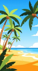 Obraz premium Tropical Beach with Palm Trees. Flat Vector Summer Vacation Background.