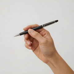 Hand holding a black pen, isolated on white background