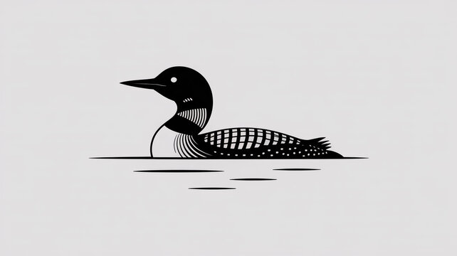 Black and white linocut illustration of a loon flying over a calm lake with forest reflection, reeds, and ripples &mdash; minimalist wildlife art scene.