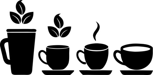 Evolution of coffee  espresso cup as final form black Silhouette  , white background 