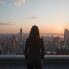 Woman in business suit looking at new york city skyline at sunset from rooftop