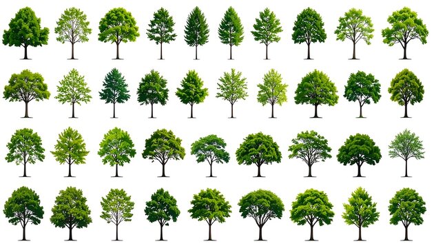 Collection of isolated trees featuring various shapes and styles, each with vibrant green foliage