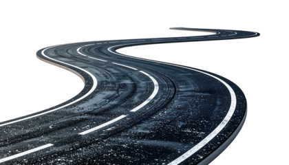 A winding, asphalt road with white lane markings against a pure black background
