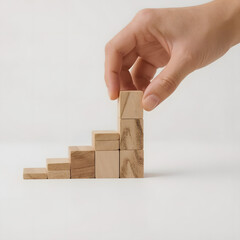 Hand adding a wooden block to a rising staircase of blocks, symbolizing growth and progress, isolated on white background