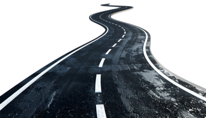 Winding road with white lines, illuminated against a black background, suggesting a journey