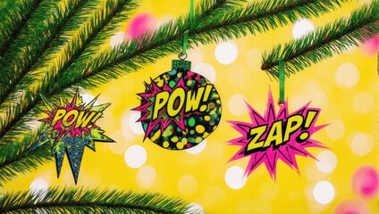 Festive Christmas Tree Decorations with Comic Book Style Accents.