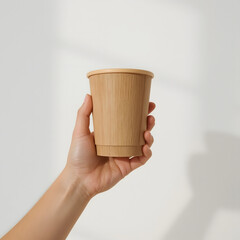 Hand holding a textured wooden disposable coffee cup with a lid, isolated on a white background with soft shadow