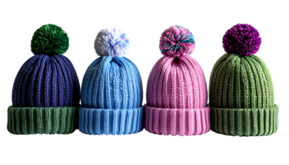 Four colorful ribbed knit beanies with matching pom-poms, isolated on a black background