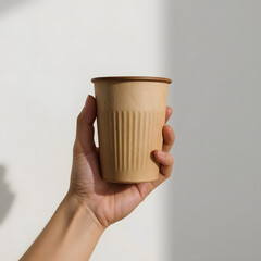 Hand holding a disposable paper cup with a lid, isolated on white background