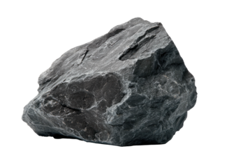 Isolated grey stone, rough texture with jagged edges, set against a stark, black backdrop