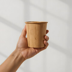 Hand holding a disposable paper cup, isolated on white background