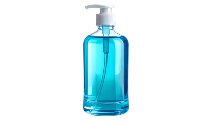 A clear, blue liquid-filled dispenser with white pump and tubing, isolated on black