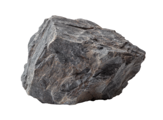 A detailed studio shot on a black background features a roughly shaped, gray-brown geological formation