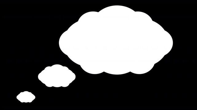 comic strip cartoon thought day dream speech bubble cloud 4K animation with transparent alpha channel background and several trailing bubbles pops up slightly from left