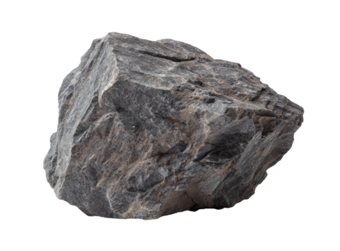 A detailed studio shot on a black background features a roughly shaped, gray-brown geological formation - Powered by Adobe