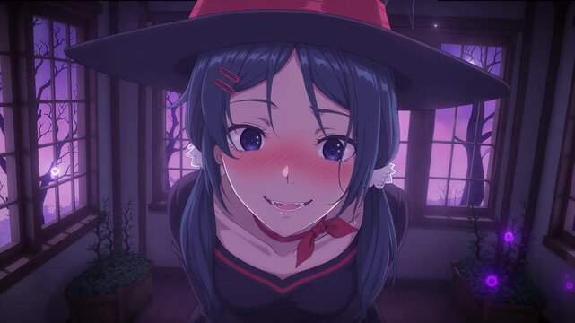 Cute anime girl in a witch costume, anime Halloween wallpaper