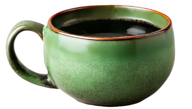 A filled, speckled green mug featuring a dark brown beverage, presented against a plain black backdrop