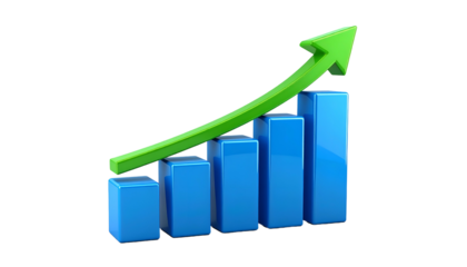 A blue bar graph rises upwards with a green arrow indicating progress on black