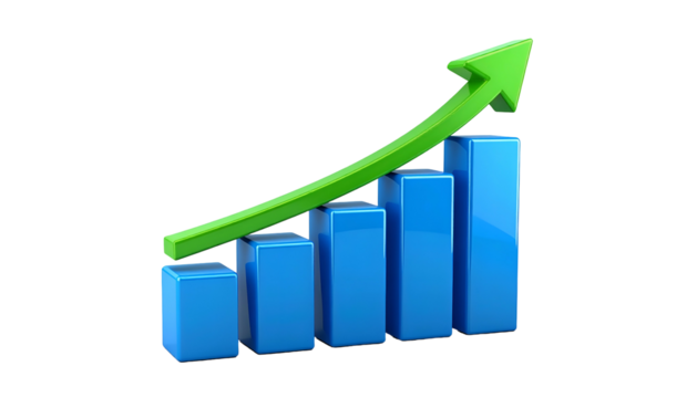 A blue bar graph rises upwards with a green arrow indicating progress on black