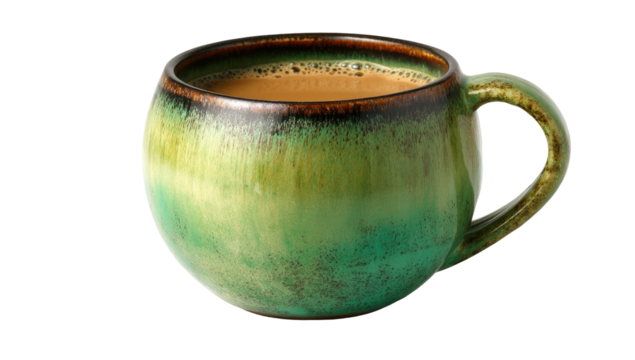 Close-up of a round, earthy green mug filled with a light brown, warm beverage