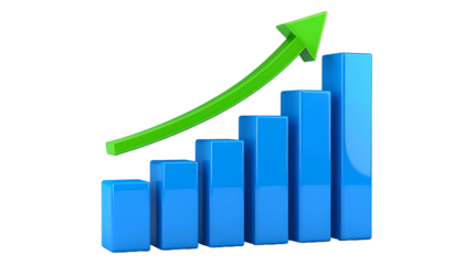 A blue bar graph showing upward growth, with a green arrow pointing up and to the right