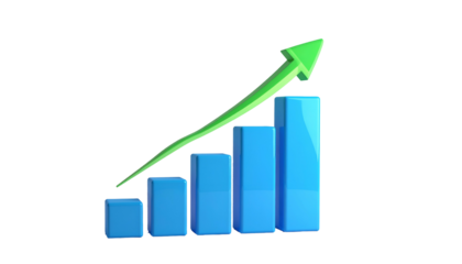 3D blue bar graph ascending with a green upward arrow against black background