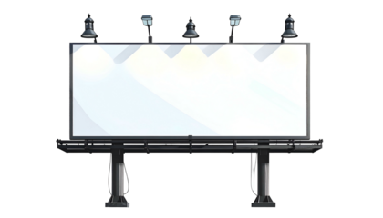 A blank, rectangular outdoor advertising board with spotlights on top and a dark background