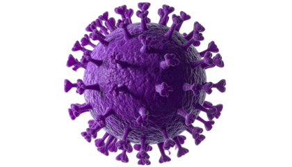 3D rendering of a microscopic, spherical viral particle with spiky protein protrusions